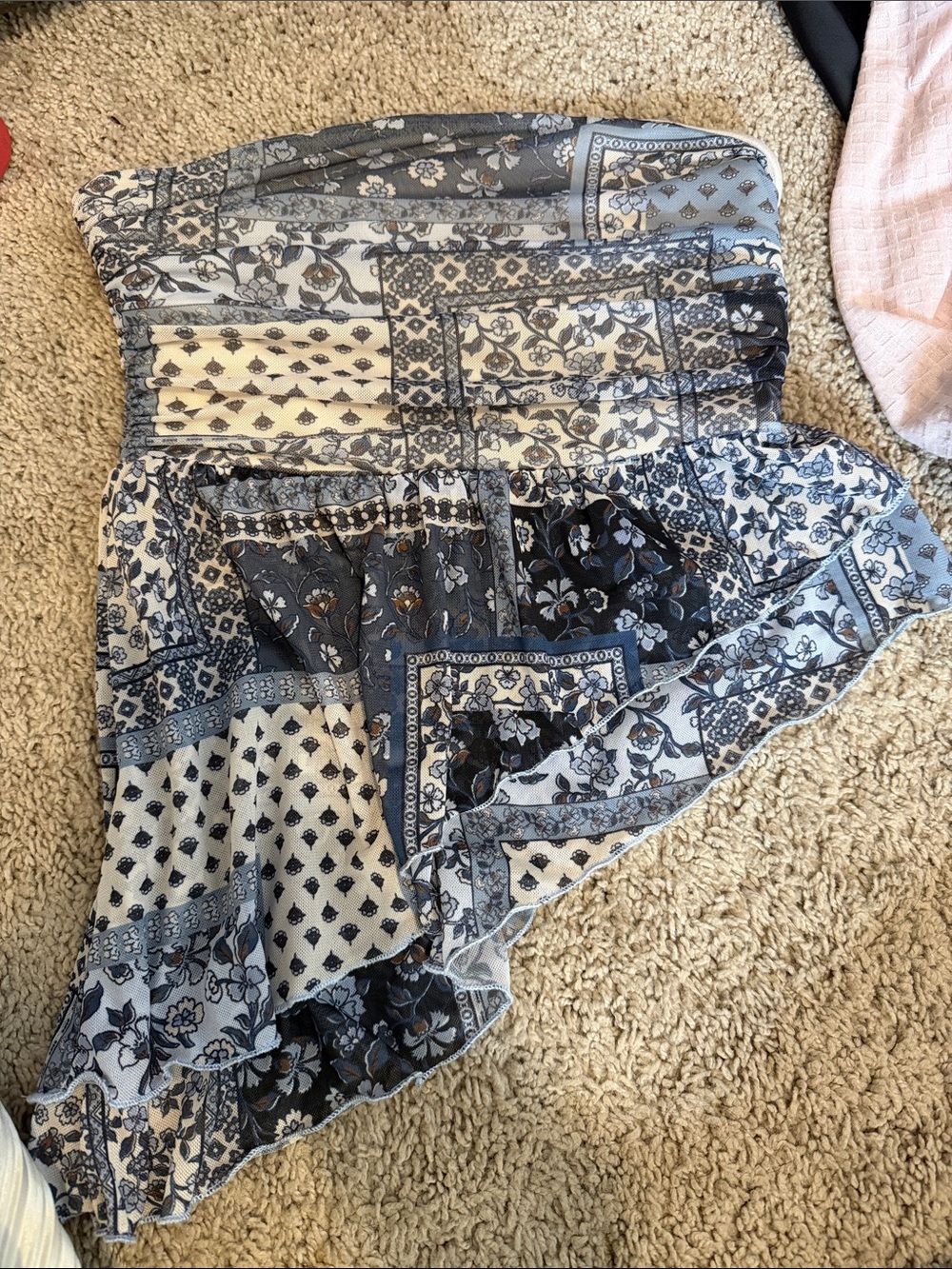Altar'd State Blue and White Asymmetrical Patchwork Top